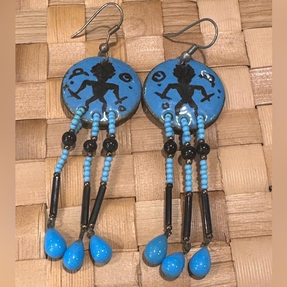 Alexa Maui Enamel Turquoise Black Agate Beaded Dangle Earrings Tribal Silhouette